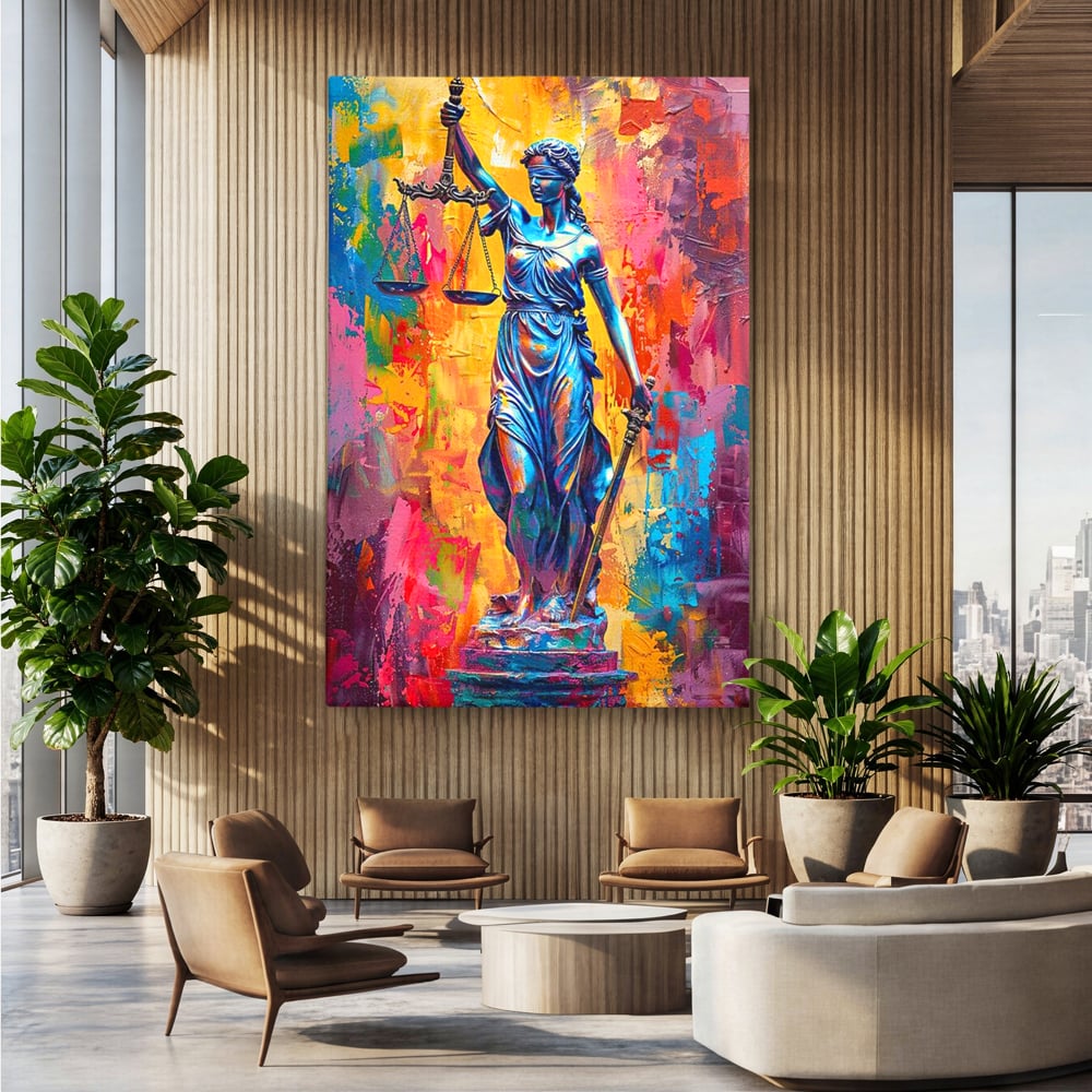 Tablou canvas cu tablou canvas cu zeita justitiei, fara rama, pe sasiu de lemn, pe perete intr-un birou